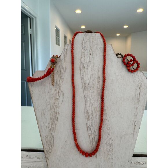 Antique Italian Coral Red Salmon Bead Necklace Bracelet Brooch Pin Circa 1920 - Picture 1 of 8